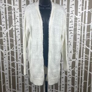Alya Eyelash Popcorn Metallic Knit Open Front Longline Cardigan Sweater M Ivory